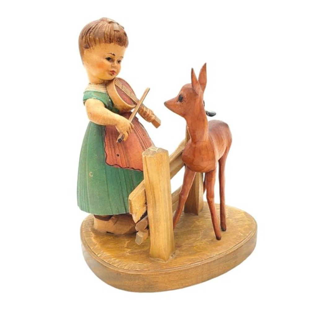 Vintage ANRI Thorens Carved Girl & Deer Wood Figurine Italy Hand Made‎ Darling